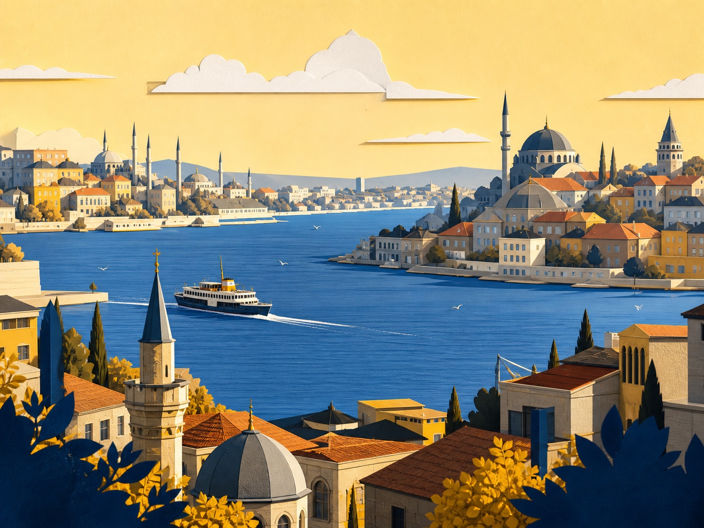 Ilustračná cestovateľská kompozícia inšpirovaná Istanbulom