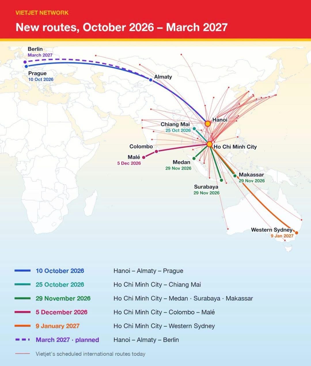 Mapa siete Vietjet s trasou Praha – Almaty – Hanoj a označeným začiatkom 10. októbra 2026